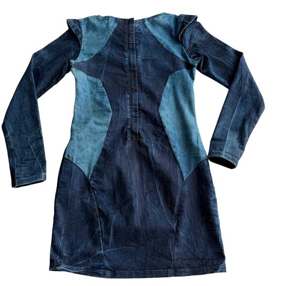 Gestuz Structured Denim Patchwork Long Sleeve Bodycon Mini Dress EU 40 US 8 - Picture 2 of 10